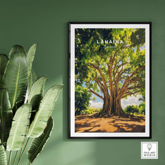 Lahaina Banyan Tree Poster showcasing the iconic banyan tree surrounded by lush greenery, enhancing tropical decor.