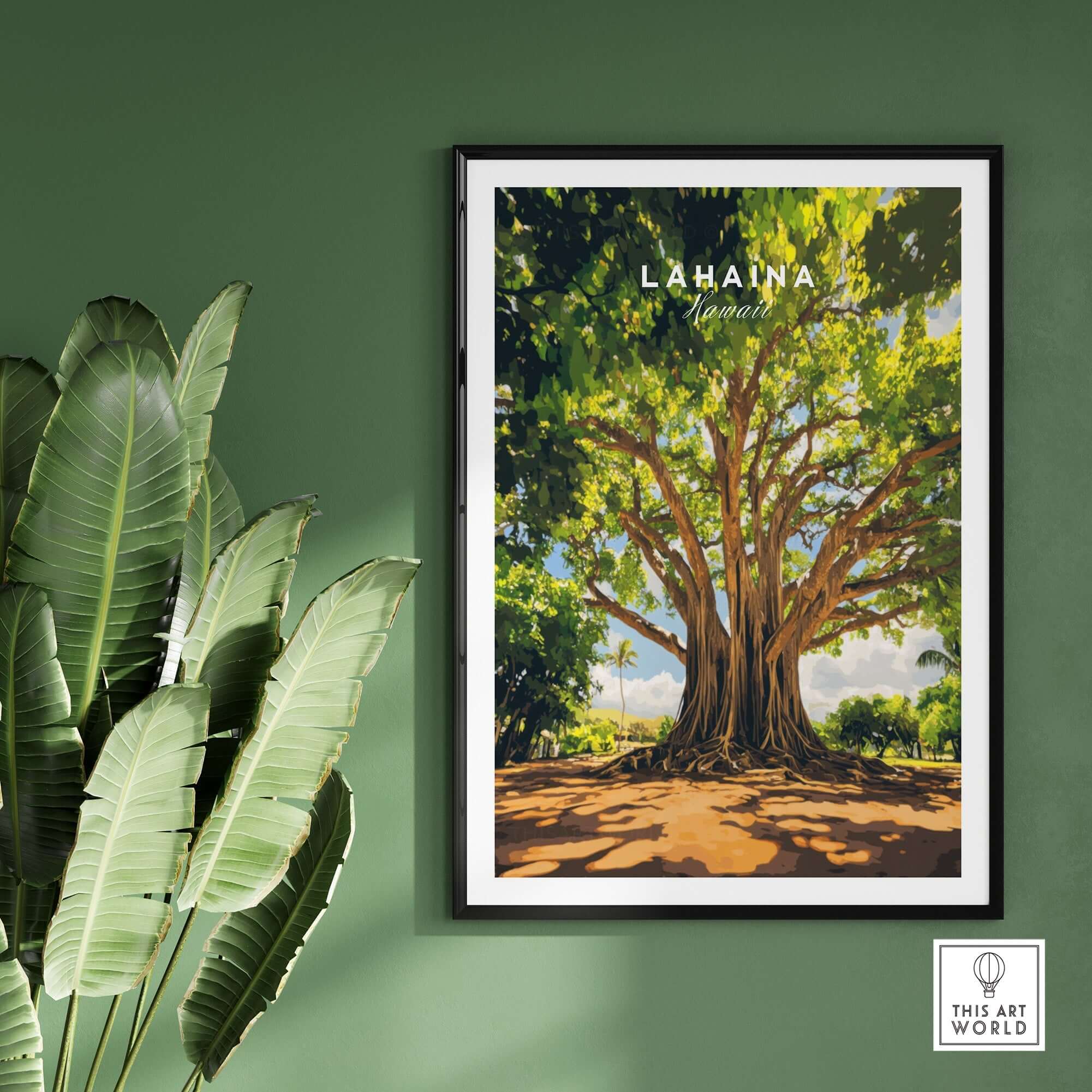Lahaina Banyan Tree Poster showcasing the iconic banyan tree surrounded by lush greenery, enhancing tropical decor.