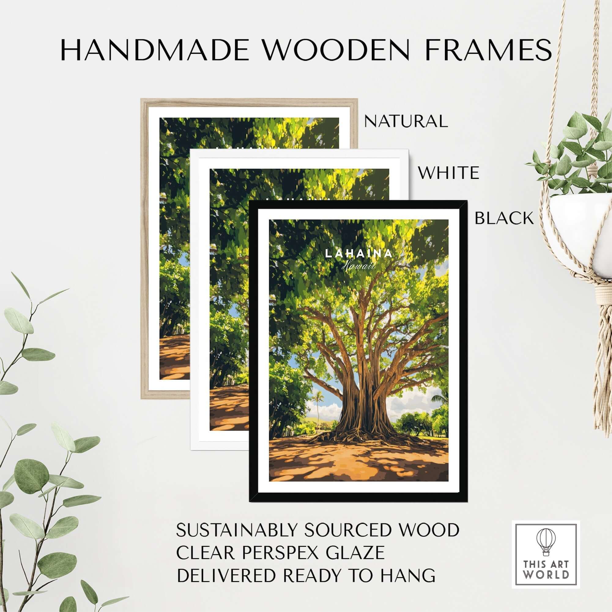 Handmade wooden frames for Lahaina Banyan Tree Poster in natural, white, and black finishes.