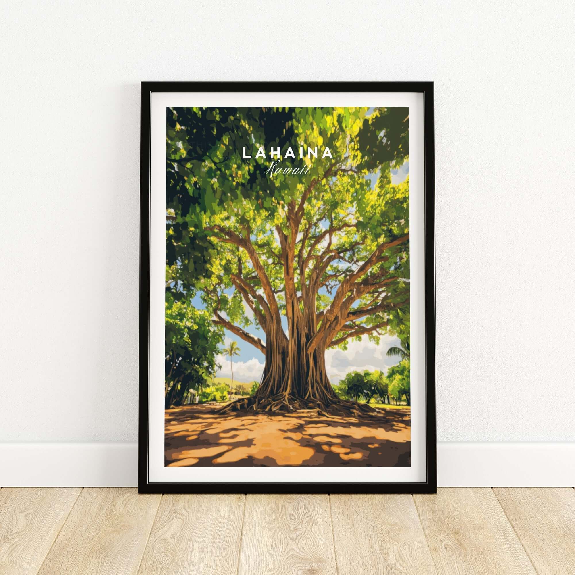 Lahaina Banyan Tree Poster showcasing the iconic tree with vibrant green leaves and a sunny background.