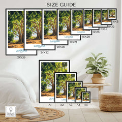 Lahaina Banyan Tree Wall Art size guide with different frame sizes showcased in a bright living room setting.