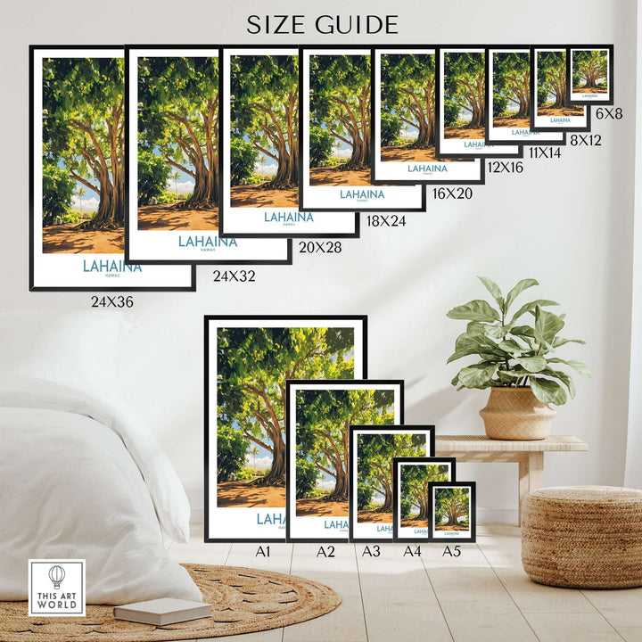 Size guide for Lahaina Banyan Tree wall art featuring various frame dimensions and a decorative living space.