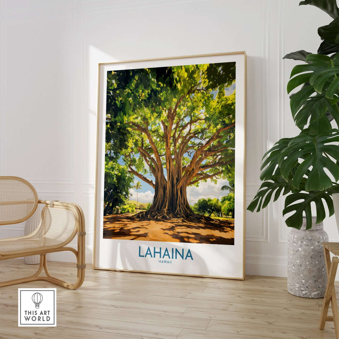 Lahaina Banyan Tree wall art displayed in a stylish room, showcasing vibrant greenery and a beautiful tree design.