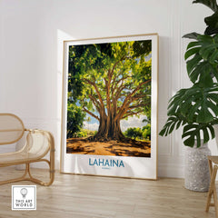 Lahaina Banyan Tree Wall Art featuring a stunning banyan tree in a stylish living room setting.
