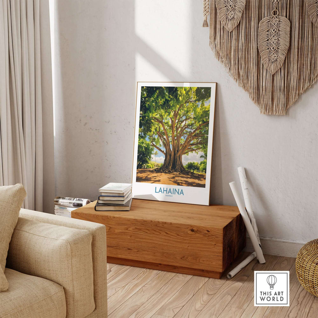 Lahaina Banyan Tree wall art displayed in a cozy living room, enhancing the home decor with vibrant natural beauty.