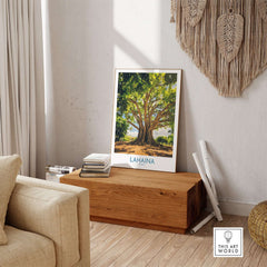 Lahaina Banyan Tree Wall Art displayed in a cozy living room setting, perfect for adding tropical charm.