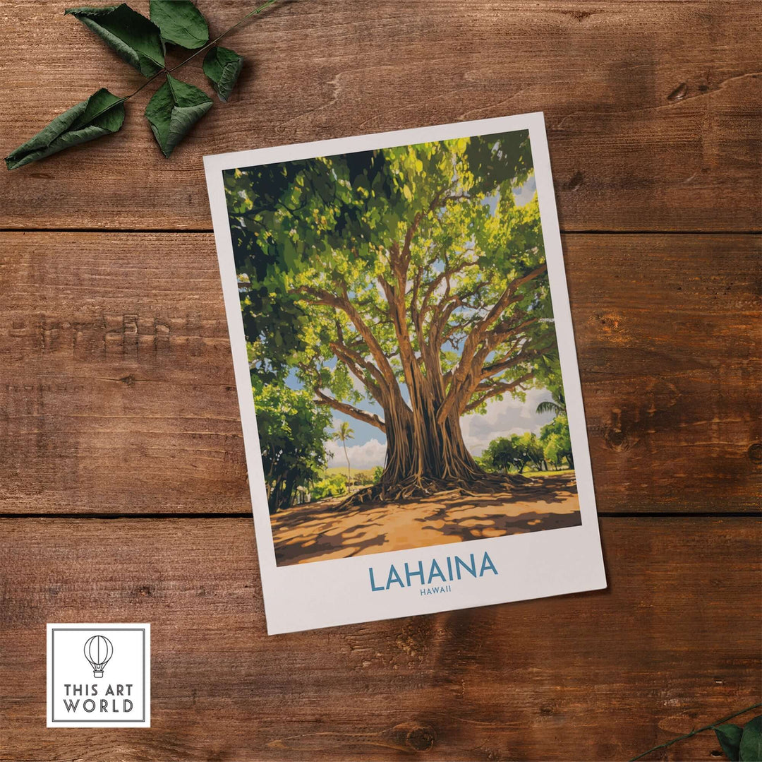 Lahaina Banyan Tree wall art featuring a vibrant illustration of the iconic tree in Hawaii on a wooden background.