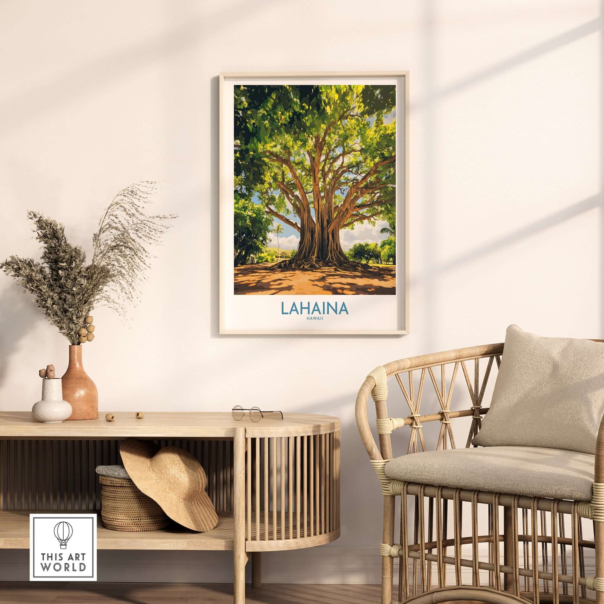 Lahaina Banyan Tree Wall Art displayed in a stylish living room adding tropical charm and nature's beauty to the decor.