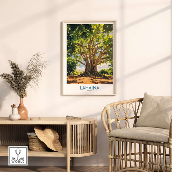 Lahaina Banyan Tree wall art displayed in a modern living space, showcasing vibrant colors and intricate details.