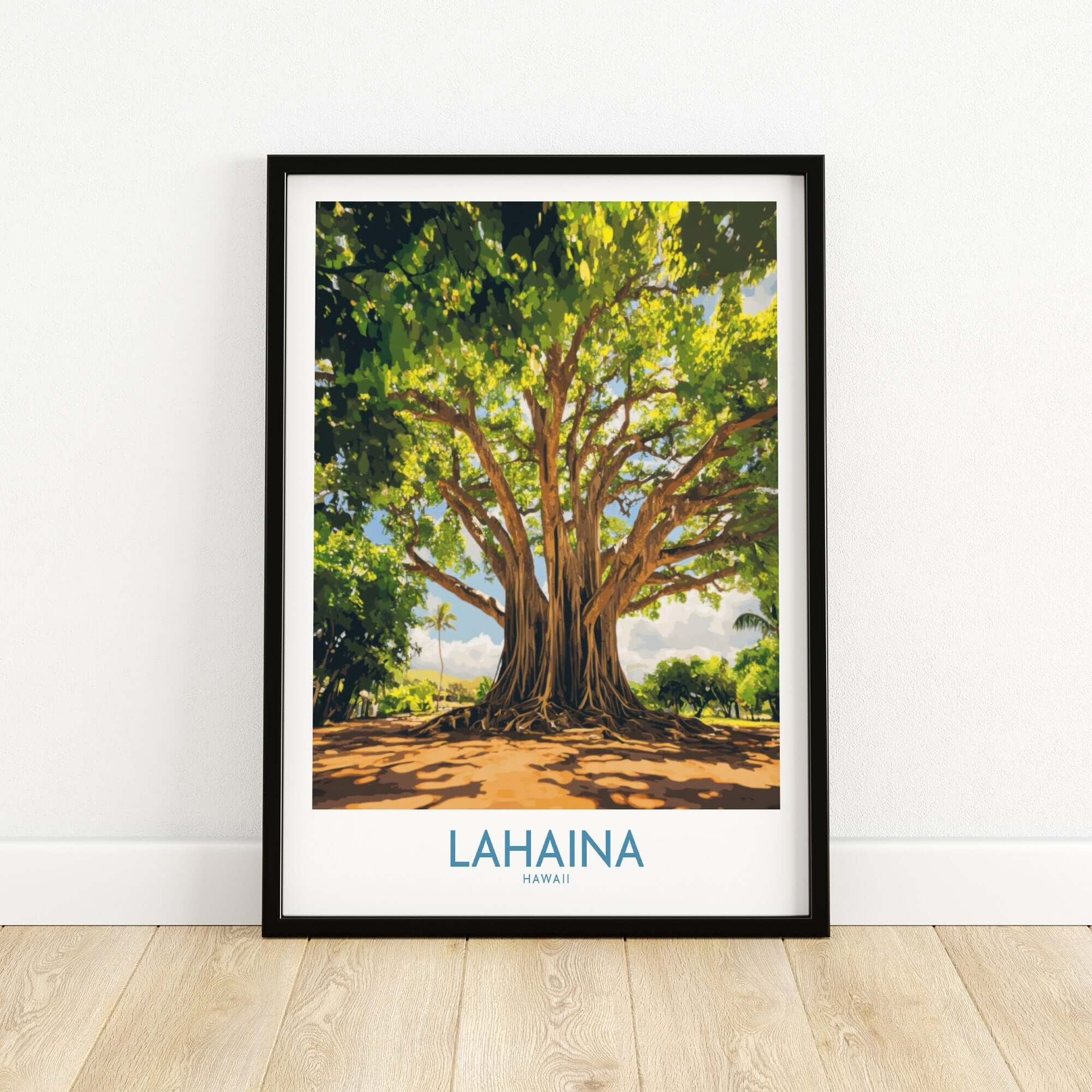 Lahaina Banyan Tree Wall Art featuring a vibrant banyan tree in Hawaii, adding tropical charm to any room.