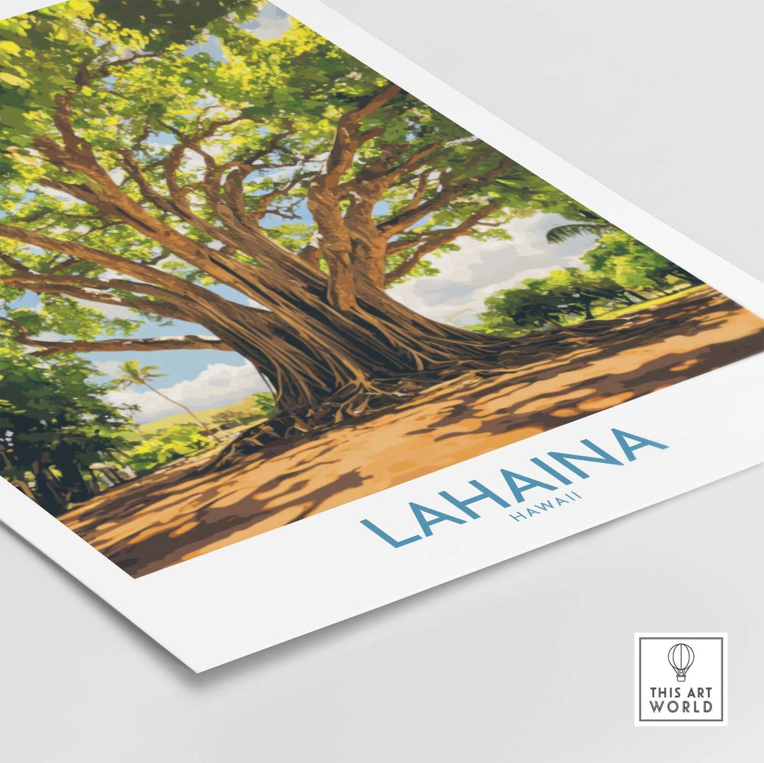 Lahaina Banyan Tree wall art print featuring vibrant green foliage and a stunning tree in a sunny Hawaiian landscape.