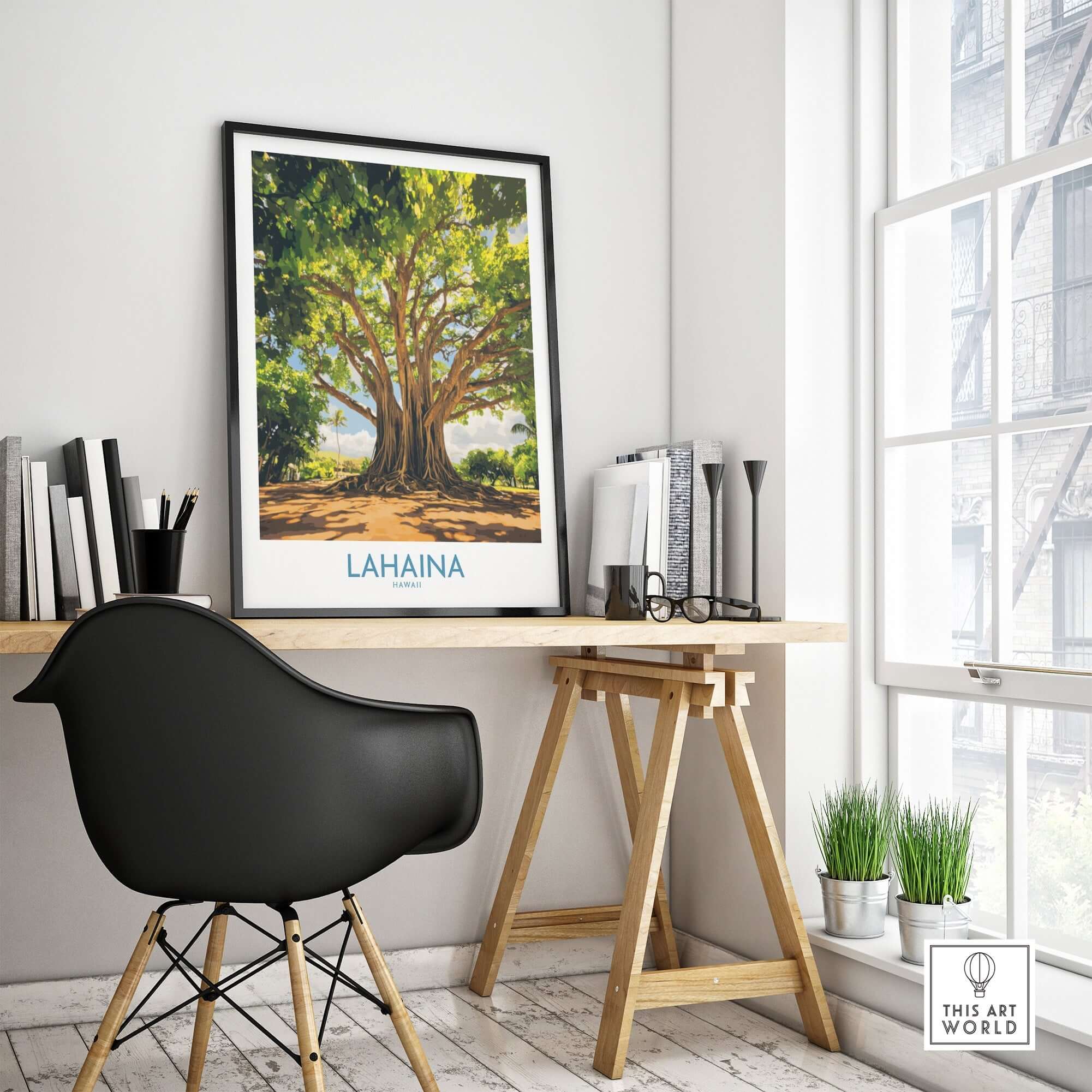 Lahaina Banyan Tree Wall Art displayed in a modern workspace, adding island charm and natural beauty to the room.