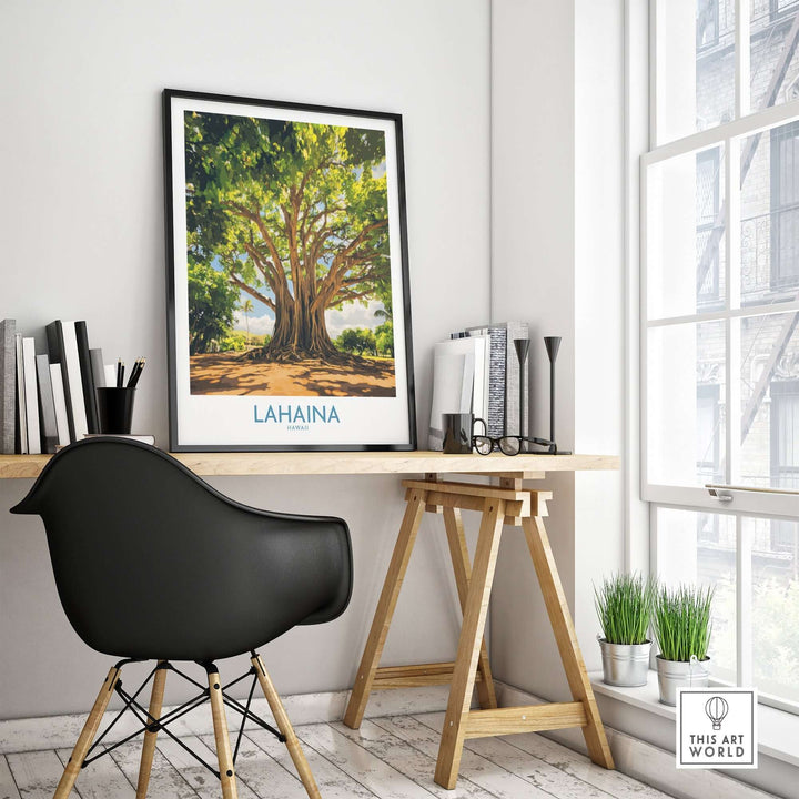 Lahaina Banyan Tree wall art displayed in a modern home office setting, enhancing interior decor with vibrant natural imagery.