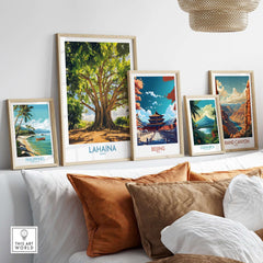 Lahaina Banyan Tree Wall Art featuring a beautiful banyan tree and various travel-themed art pieces.