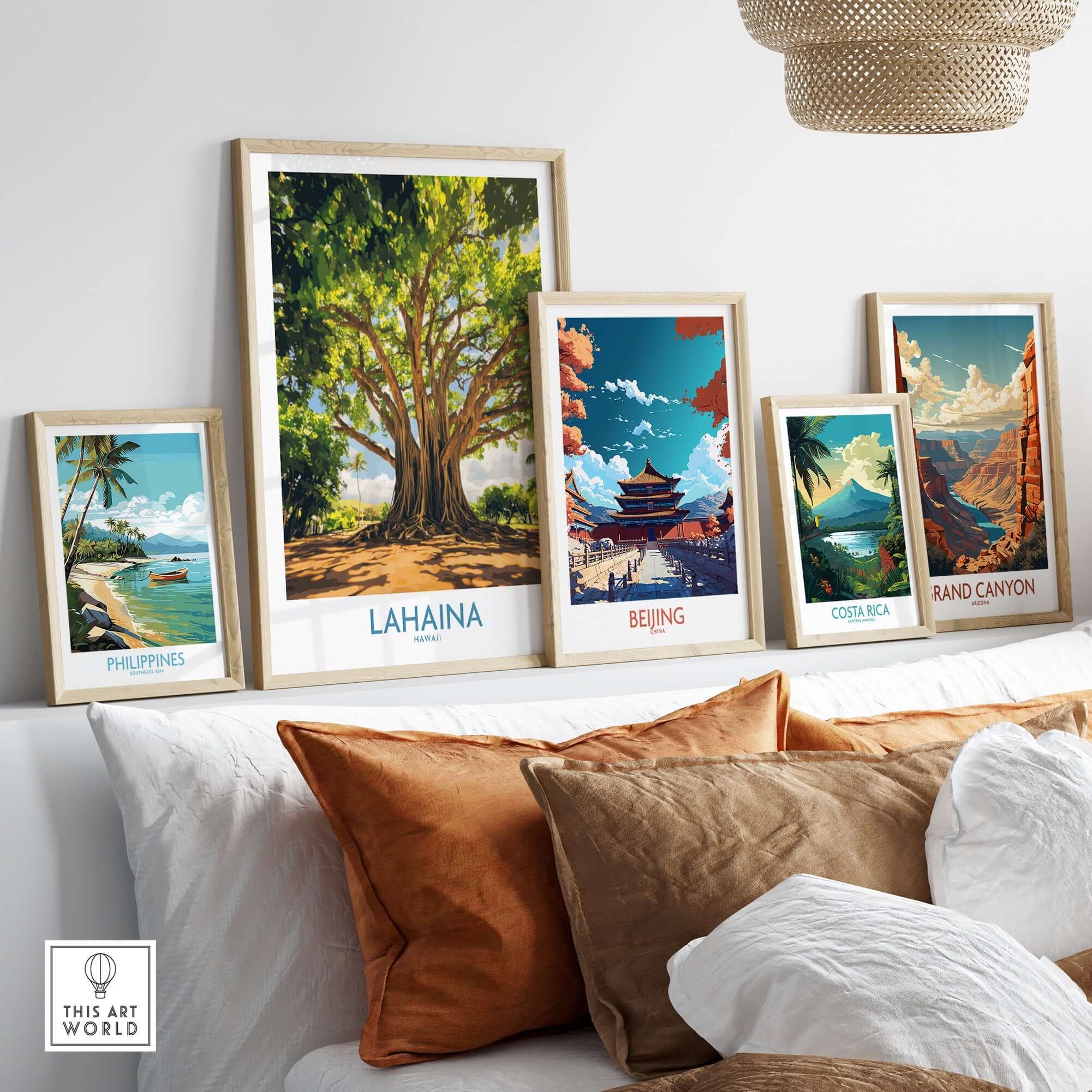 Lahaina Banyan Tree Wall Art featuring a beautiful banyan tree and various travel-themed art pieces.