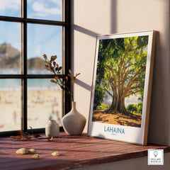 Lahaina Banyan Tree Wall Art displayed by a window, bringing tropical charm to the interior decor.