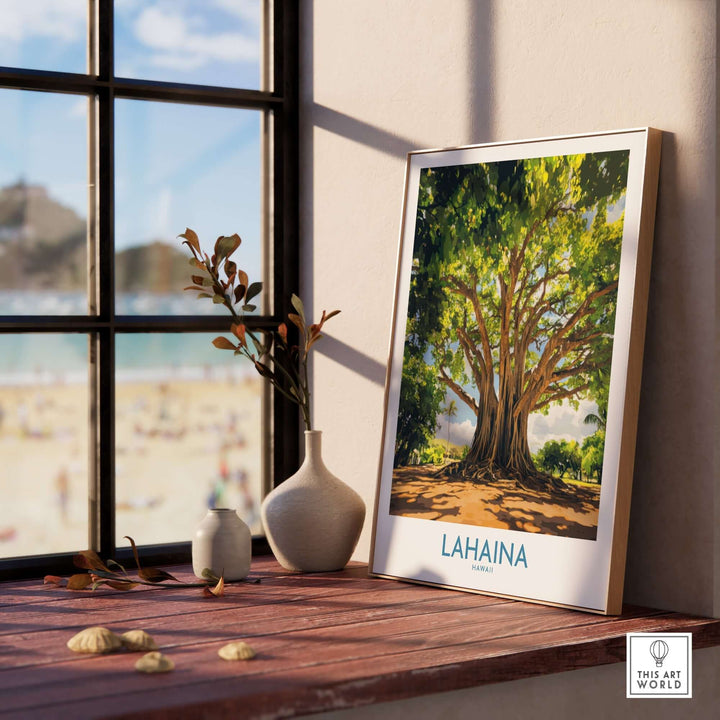 Lahaina Banyan Tree wall art displayed by a window, capturing the serene beauty of Hawaiian nature.