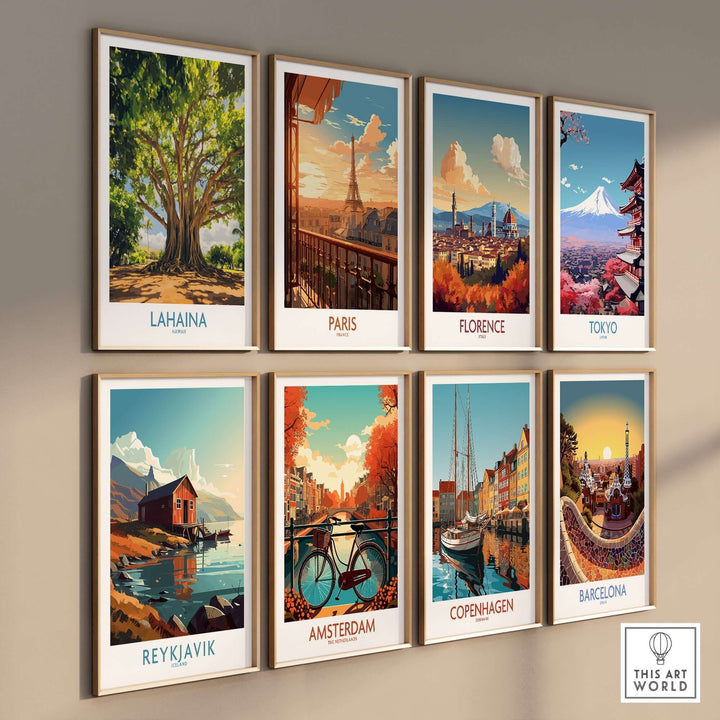 Lahaina Banyan Tree wall art alongside vibrant cityscape prints of Paris, Florence, Tokyo, Amsterdam, Copenhagen, and Barcelona.