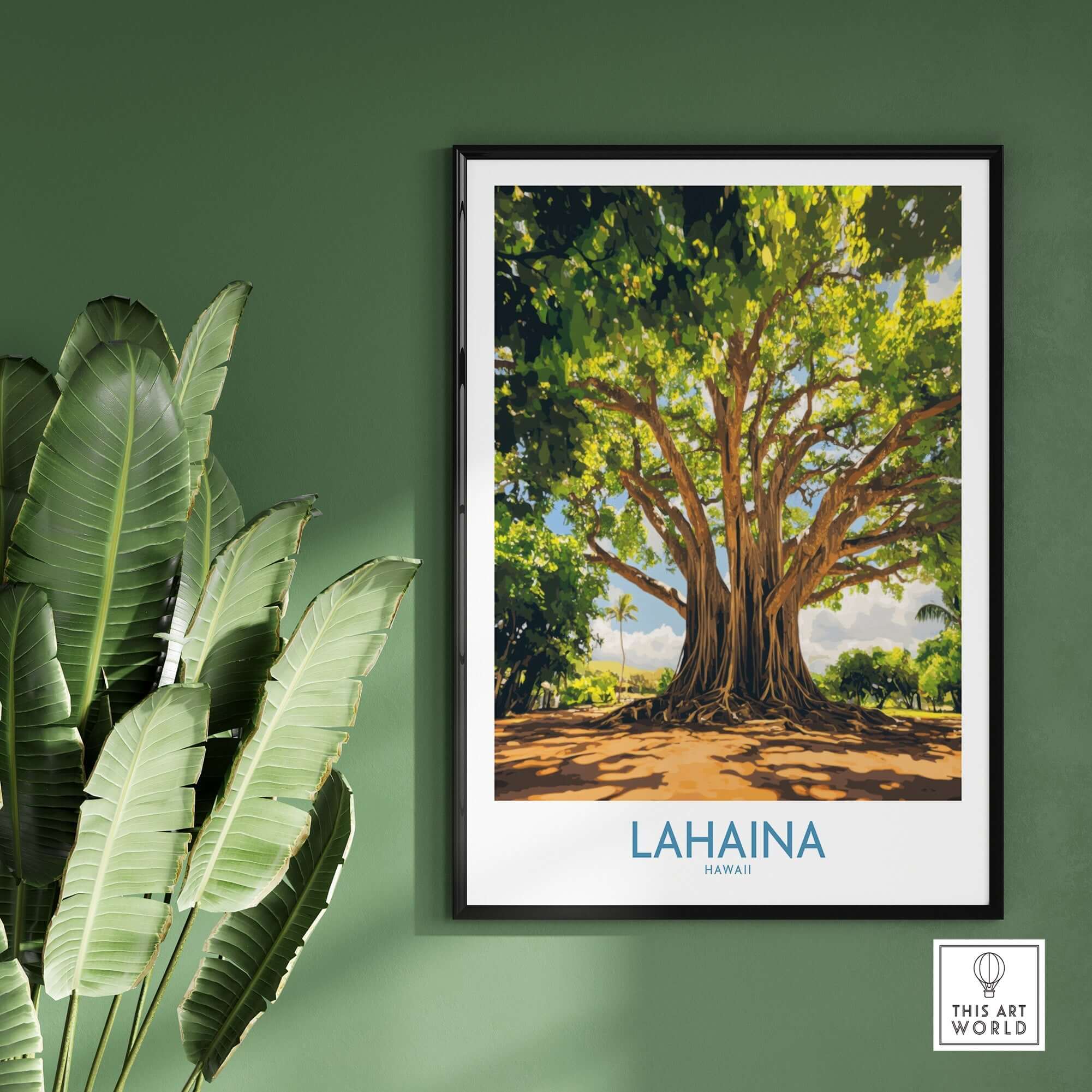 Lahaina Banyan Tree Wall Art featuring a vibrant banyan tree against a green backdrop, adding tropical charm to any room.