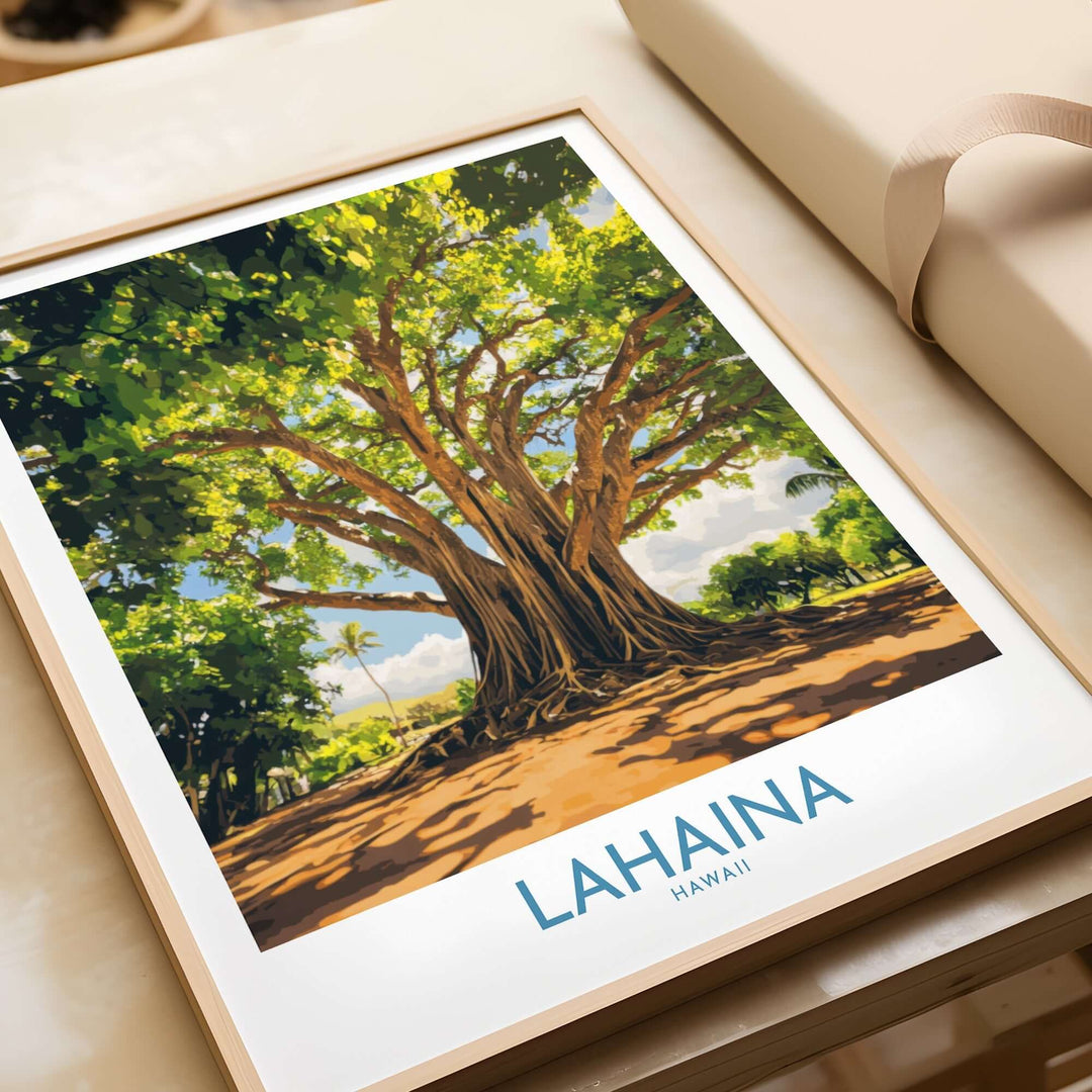 Lahaina Banyan Tree wall art featuring vibrant green leaves and a captivating tree design, perfect for home decor.