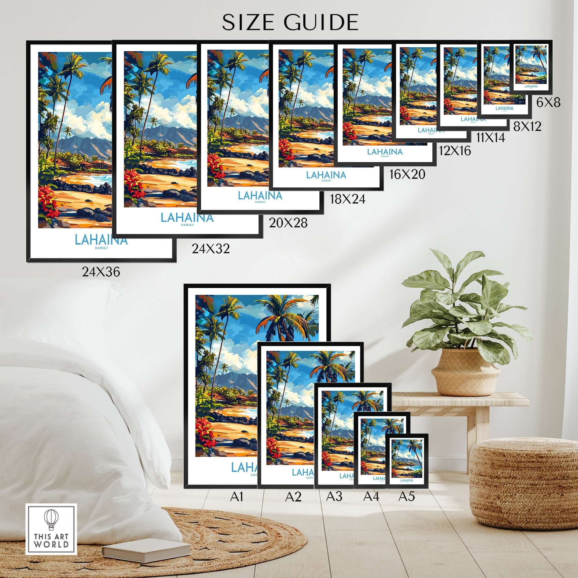 Lahaina Poster Hawaii size guide showcasing various dimensions of the vibrant Lahaina Poster Hawaii.