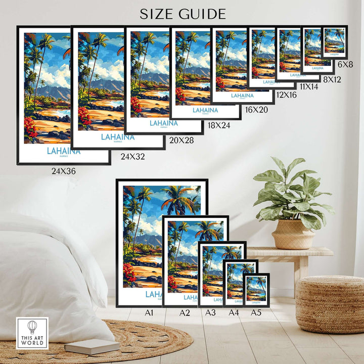 Size guide showcasing Lahaina Poster prints in various dimensions, set in a stylish living room decor.