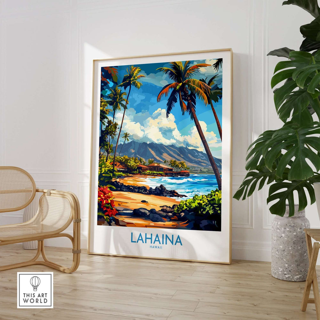 Lahaina poster showcasing a vibrant Hawaiian landscape with palm trees and ocean, perfect for home decor.