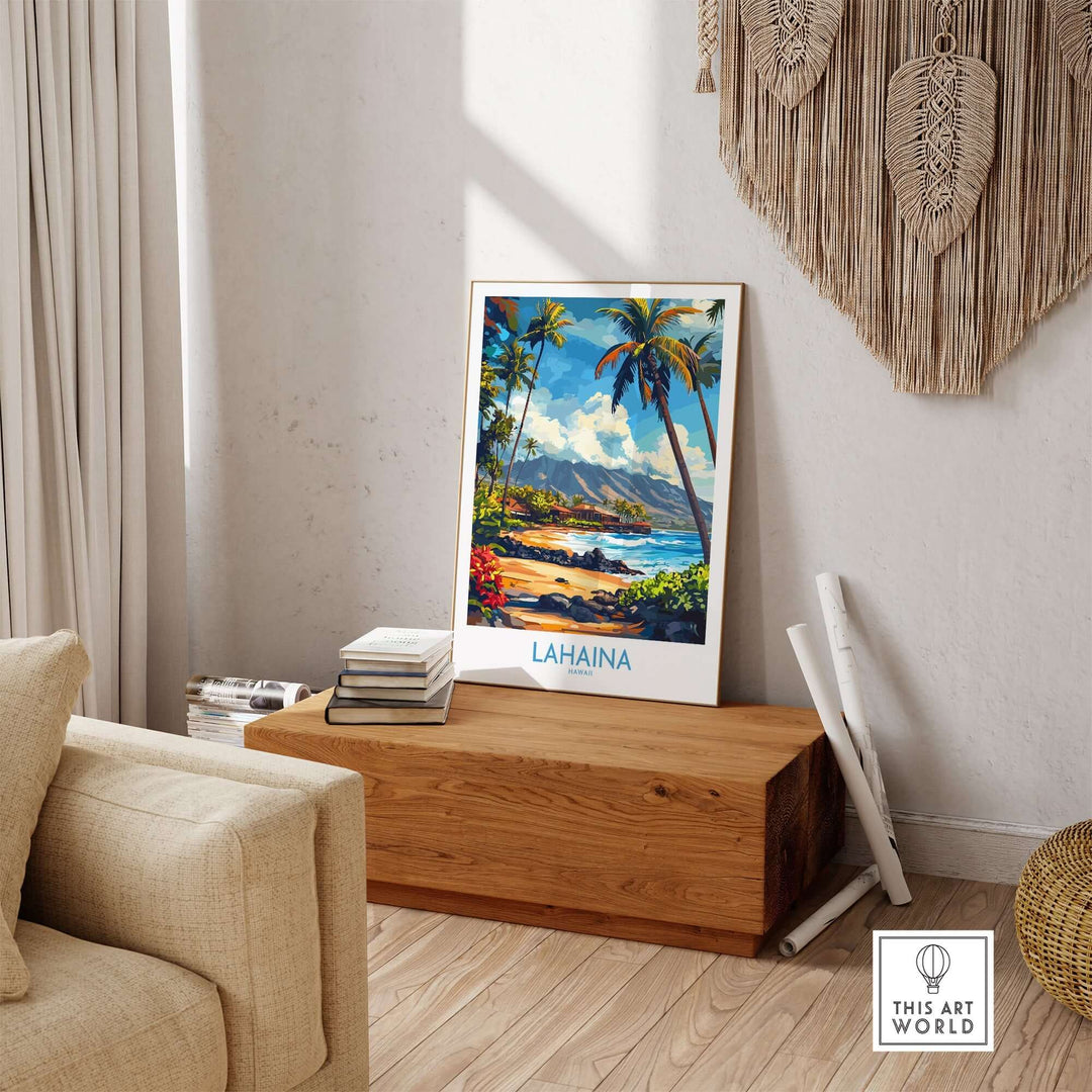 Lahaina poster showcasing a tropical beach scene with palm trees, perfect for home decor in Hawaii-themed interiors.