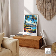 Lahaina Poster Hawaii showcasing vibrant tropical scenery in a stylish home setting.