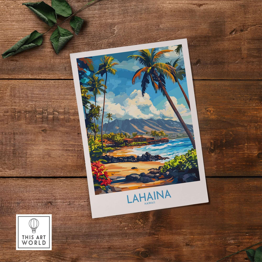 Lahaina poster featuring vibrant tropical scenery and palm trees, showcasing the beauty of Hawaii's coastline.