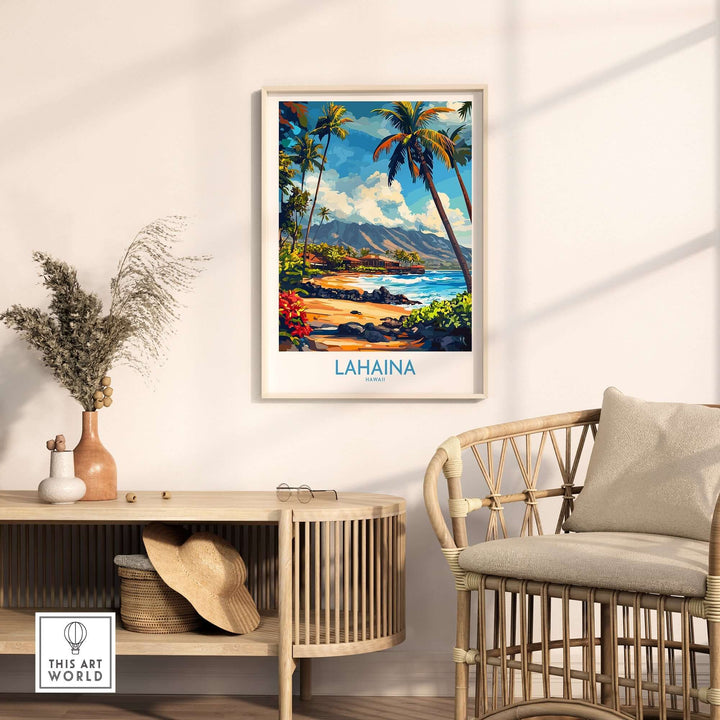 Lahaina poster featuring vibrant Hawaiian landscape with palm trees and beach decor in a stylish living space.