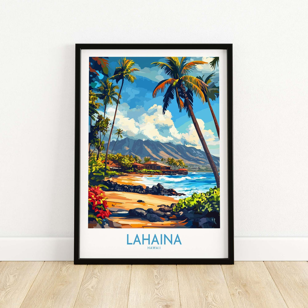 Lahaina poster featuring a vibrant Hawaiian beach scene with palm trees and mountains, perfect for decor.