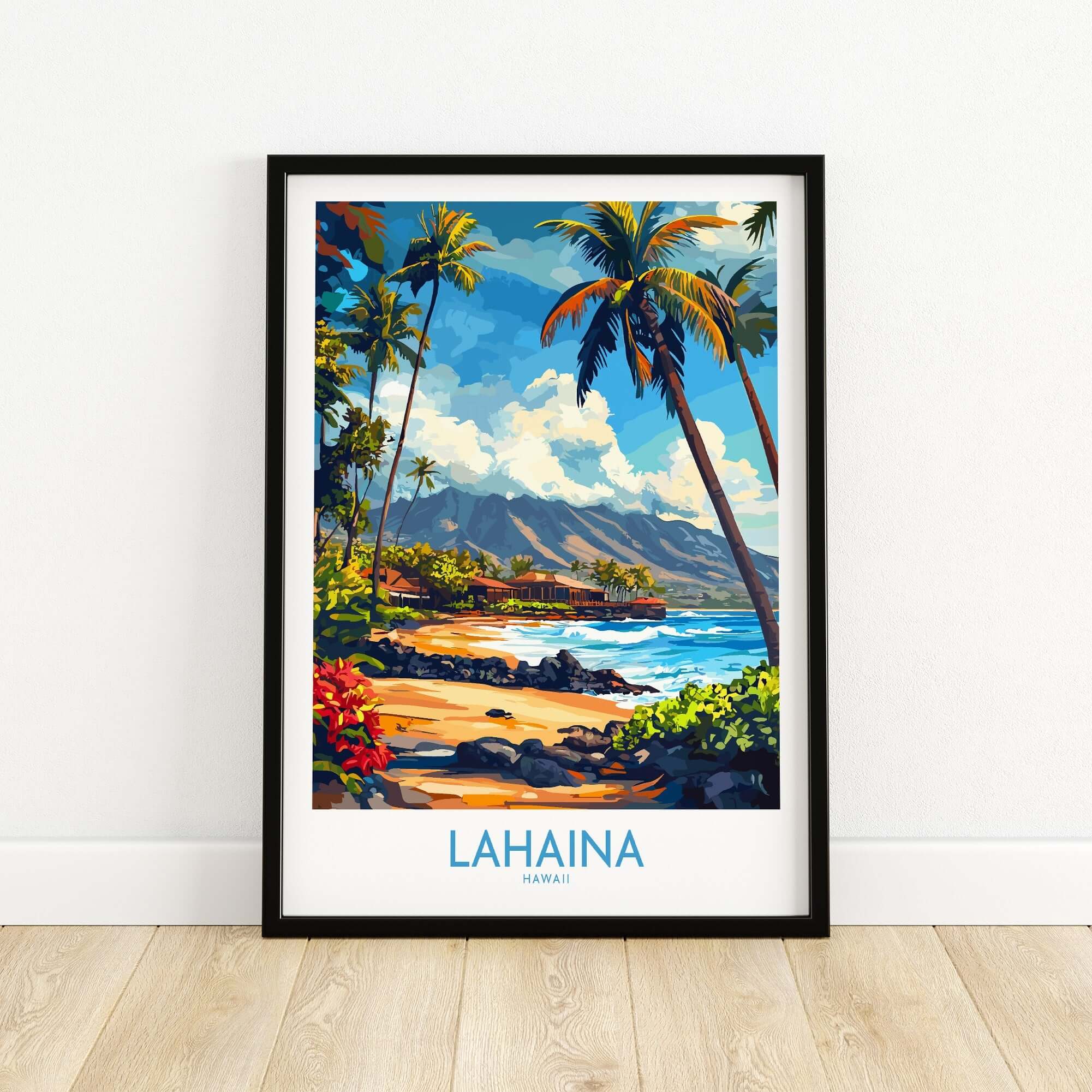 Lahaina Poster Hawaii showcasing vibrant tropical scenery and lush palm trees.