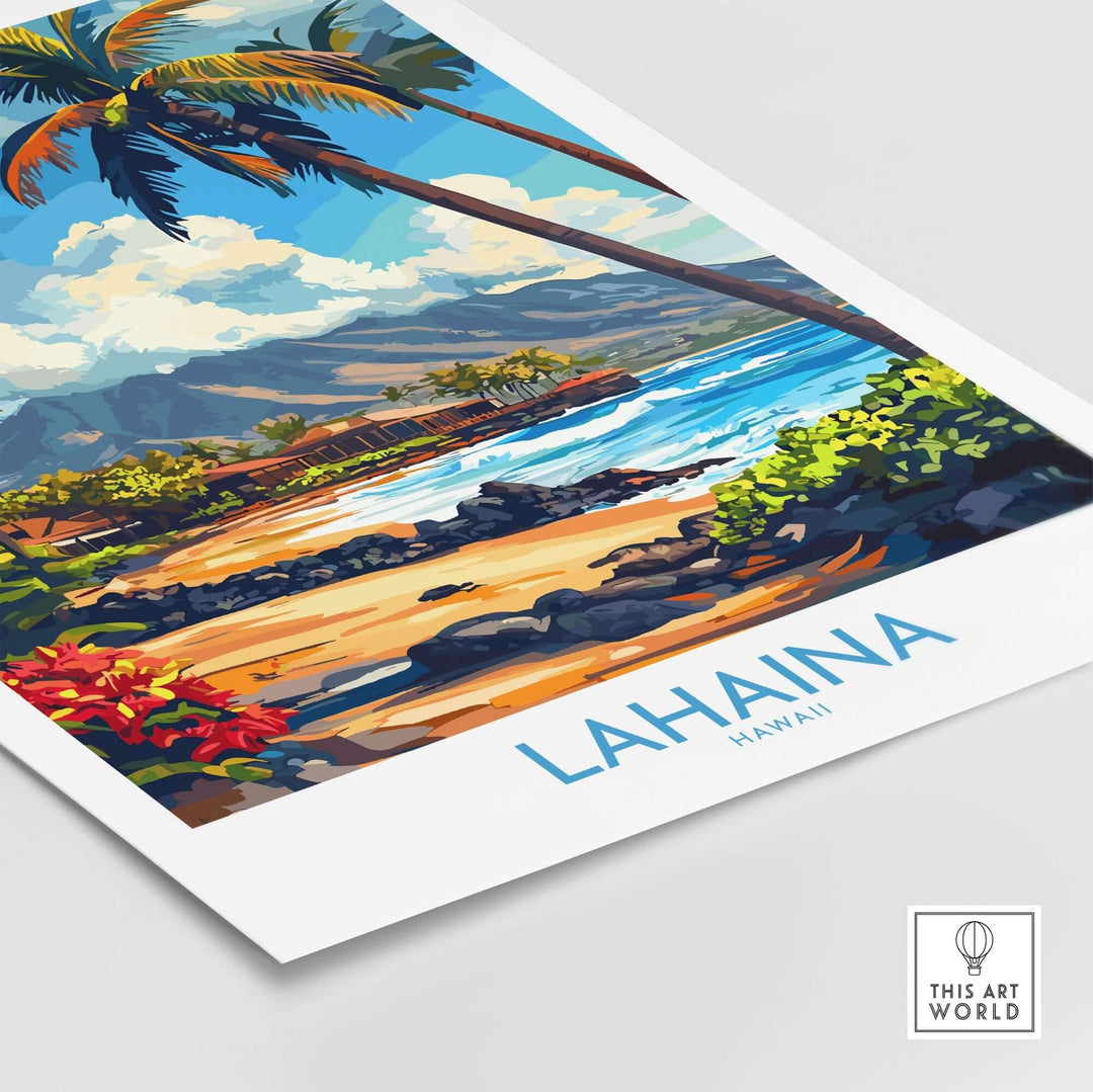 Lahaina poster featuring a vibrant Hawaiian beach scene with palm trees, mountains, and colorful flowers.