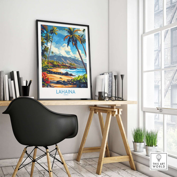 Lahaina poster featuring palm trees and beach scene, perfect for home decor in a stylish workspace.