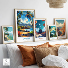 Lahaina Poster Hawaii displayed among other travel posters in a cozy interior setting.