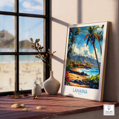 Lahaina Poster Hawaii displayed on a wooden table by a window, capturing the vibrant beauty of the island.