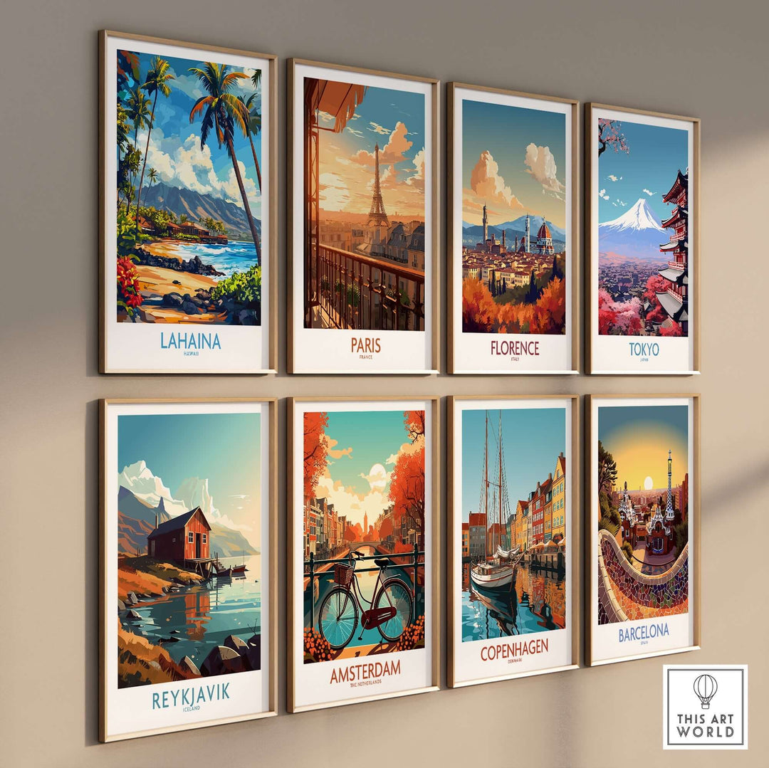 Lahaina poster alongside travel art from Paris, Florence, Tokyo, Reykjavik, Amsterdam, Copenhagen, and Barcelona.