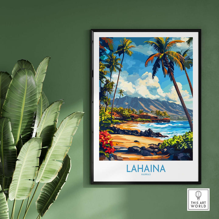 Lahaina poster featuring vibrant palm trees and a beachscape, showcasing the beauty of Hawaii's landscape.