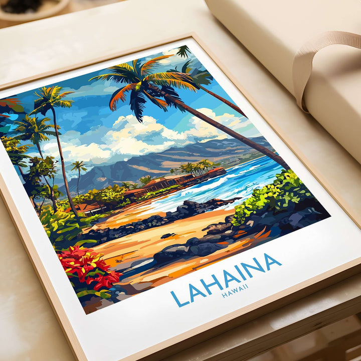 Colorful Lahaina, Hawaii poster featuring palm trees, beach, and mountains in a vibrant art style.