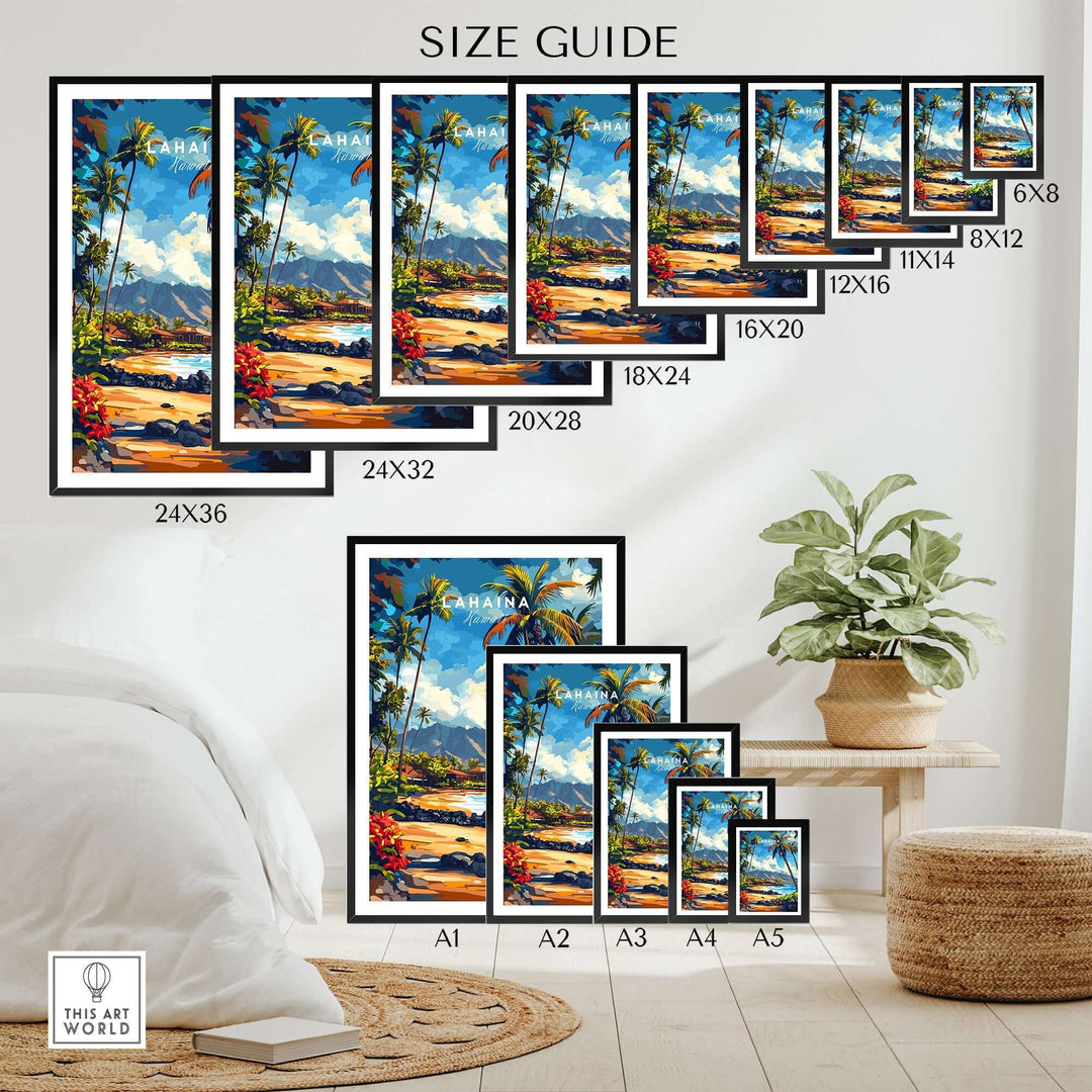 Lahaina Print Hawaii size guide showcasing various frame sizes and vibrant beach artwork options for home decor.