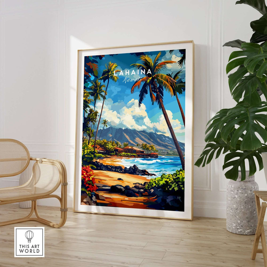 Lahaina print featuring a vibrant beach scene, palm trees, and mountains, perfect for Hawaiian decor in any home.