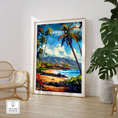 Lahaina Print Hawaii displayed in a modern room with tropical decor and vibrant colors capturing the essence of Hawaii.