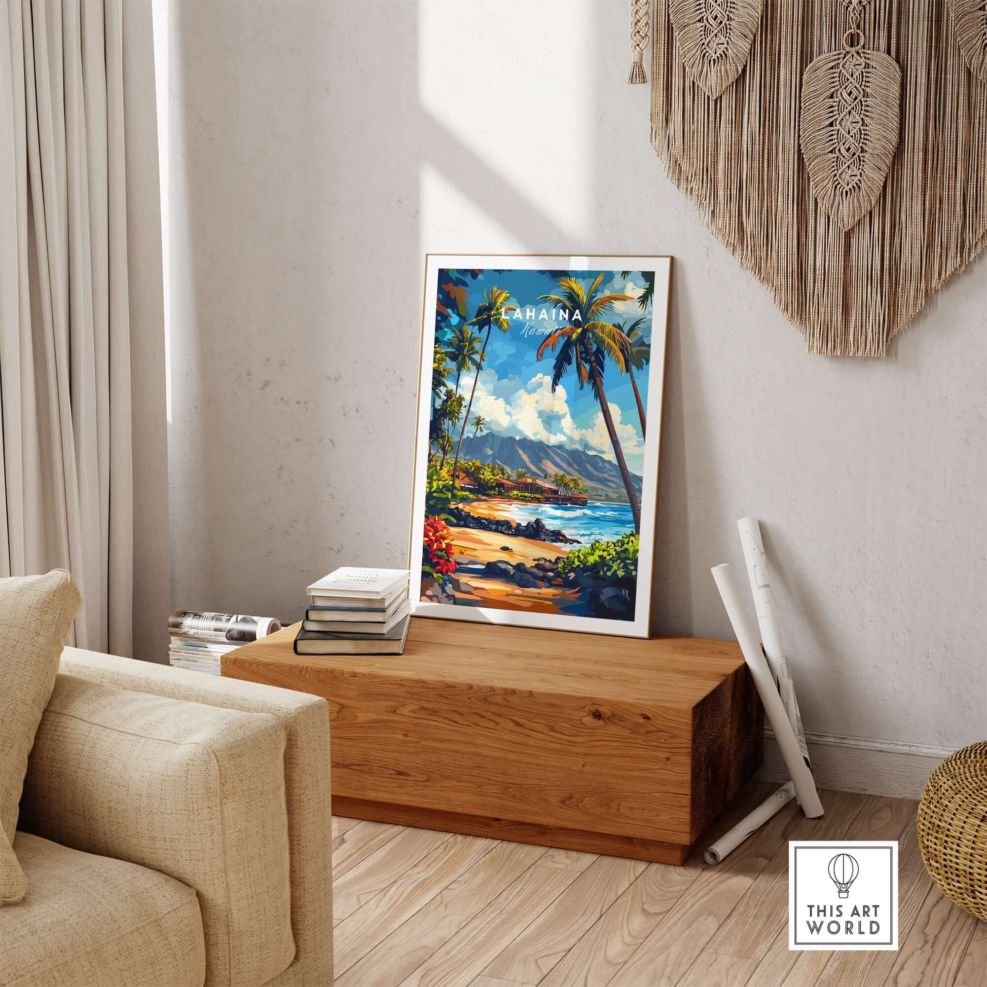 Lahaina Print Hawaii displayed in a stylish living room with tropical decor and natural light.