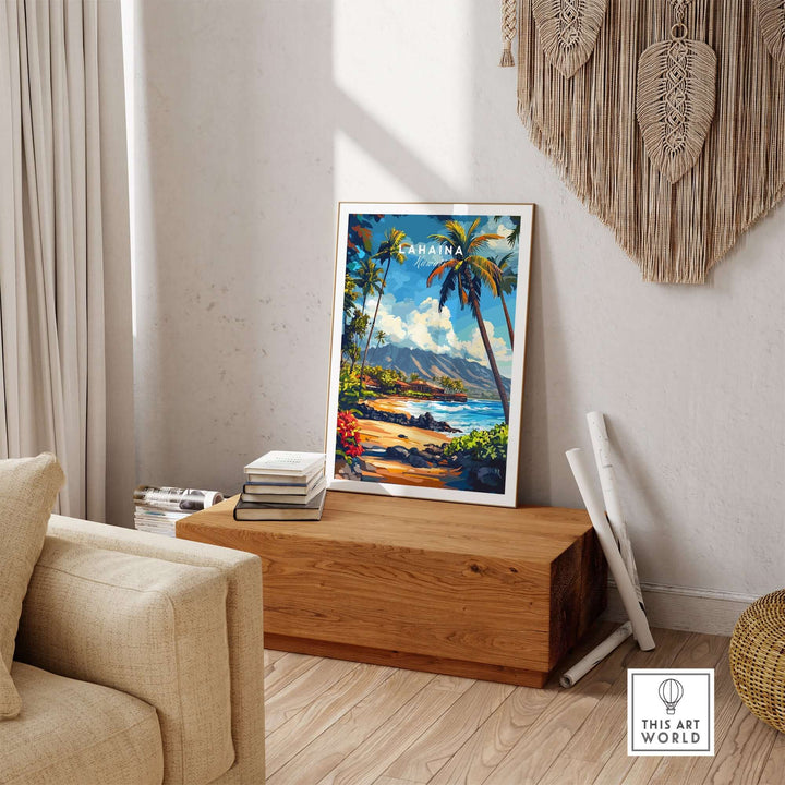 Lahaina Print Hawaii featuring vibrant tropical landscape and palm trees, displayed in a stylish interior setting.