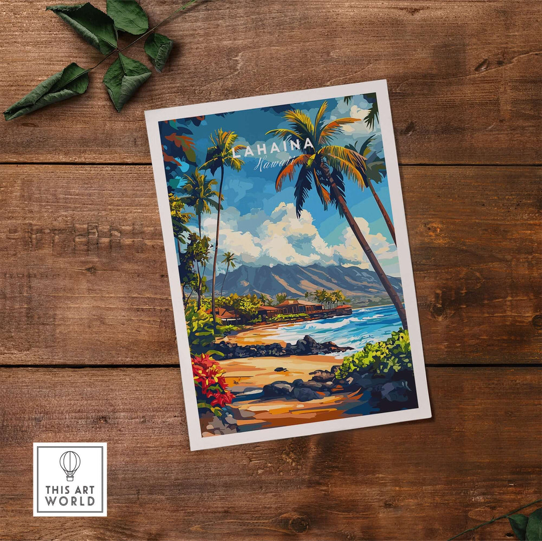 Vibrant Lahaina print featuring palm trees and a scenic Hawaiian beach, perfect for home decor and island vibes.