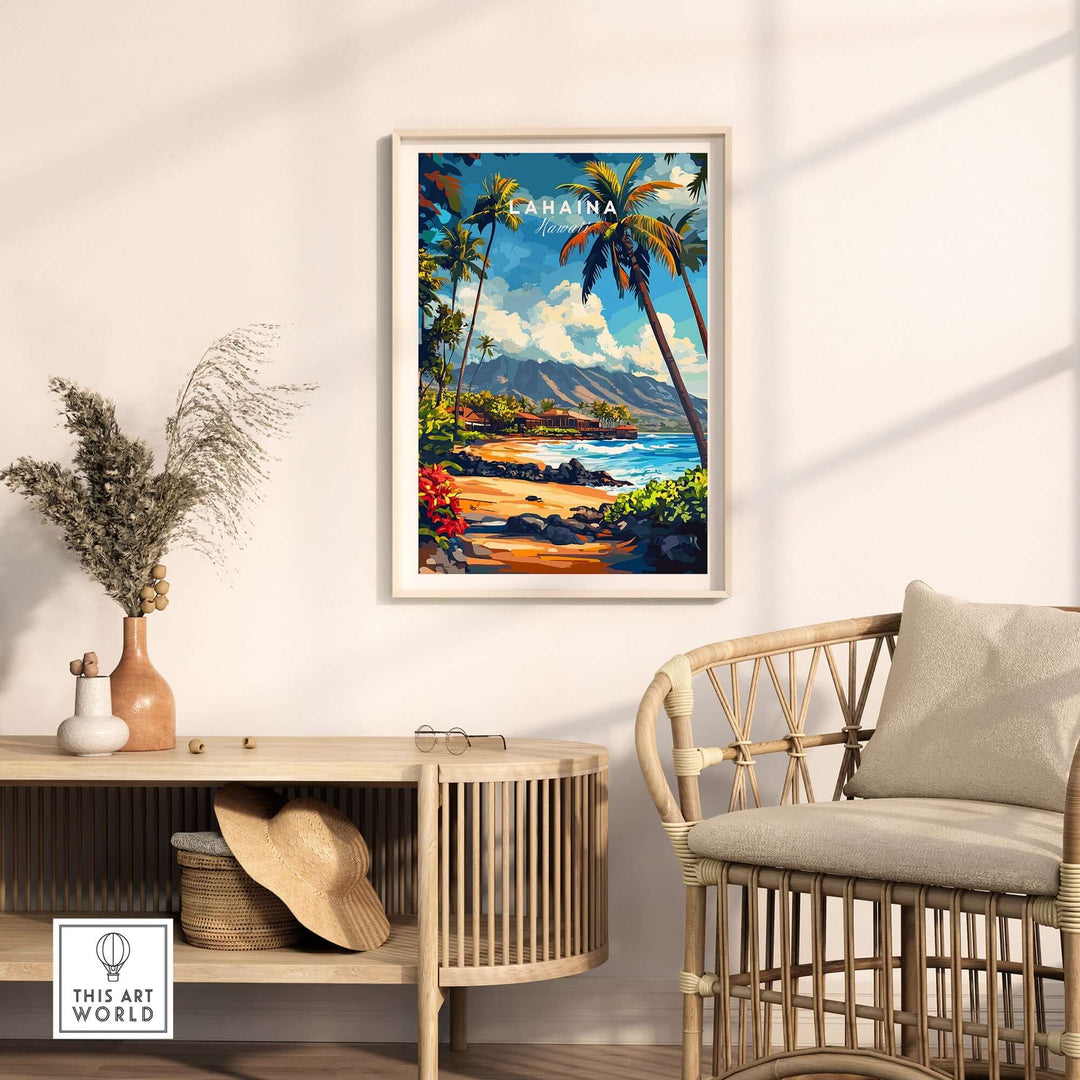 Lahaina print featuring tropical landscape with palm trees and vibrant ocean scene, perfect for home decor.