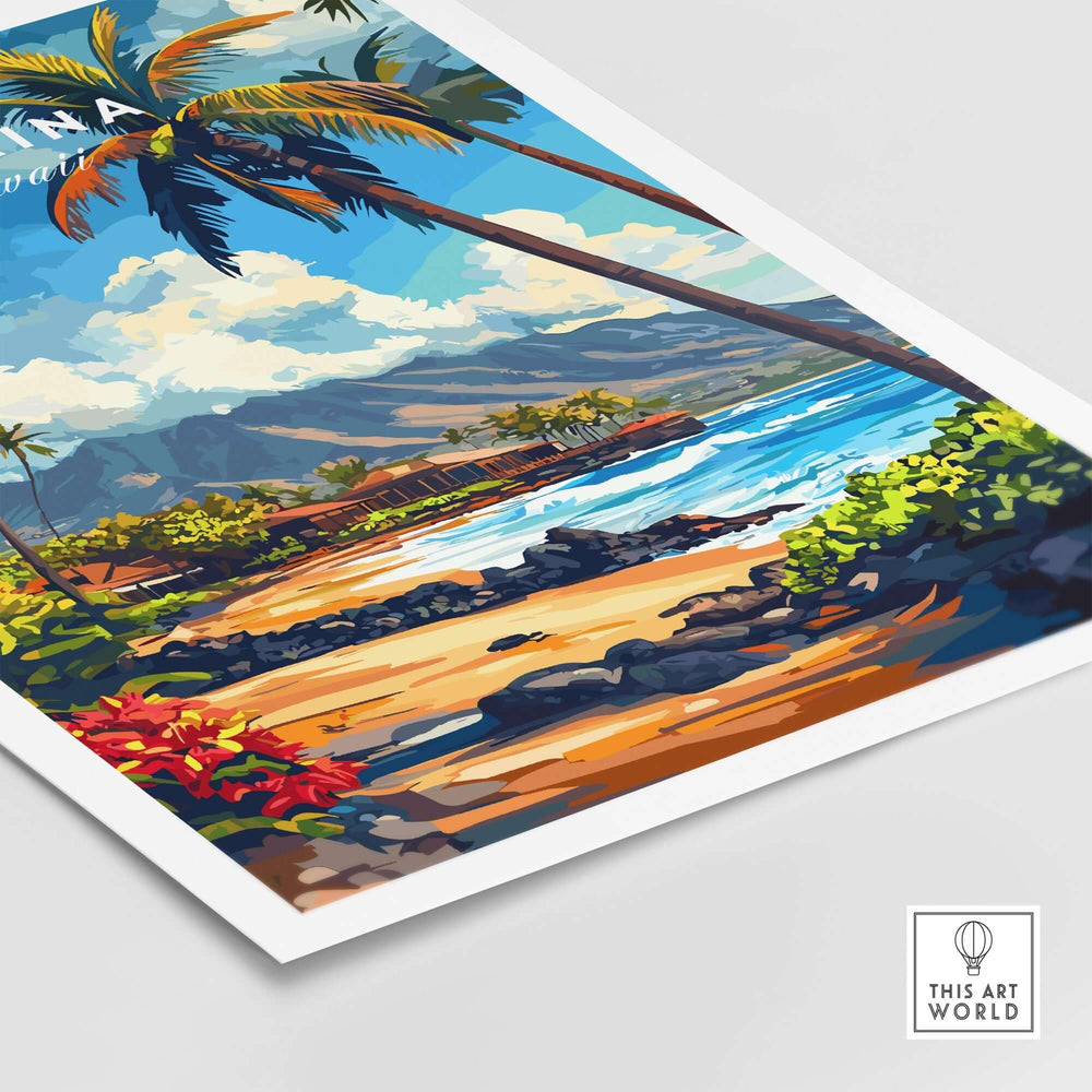 Lahaina Print Hawaii featuring vibrant beach scene with palm trees and mountains in the background, perfect for home decor.