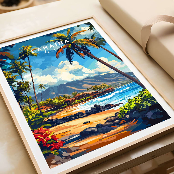 Lahaina Print showcasing vibrant Hawaiian landscape with palm trees, ocean, and mountains in decorative frame.