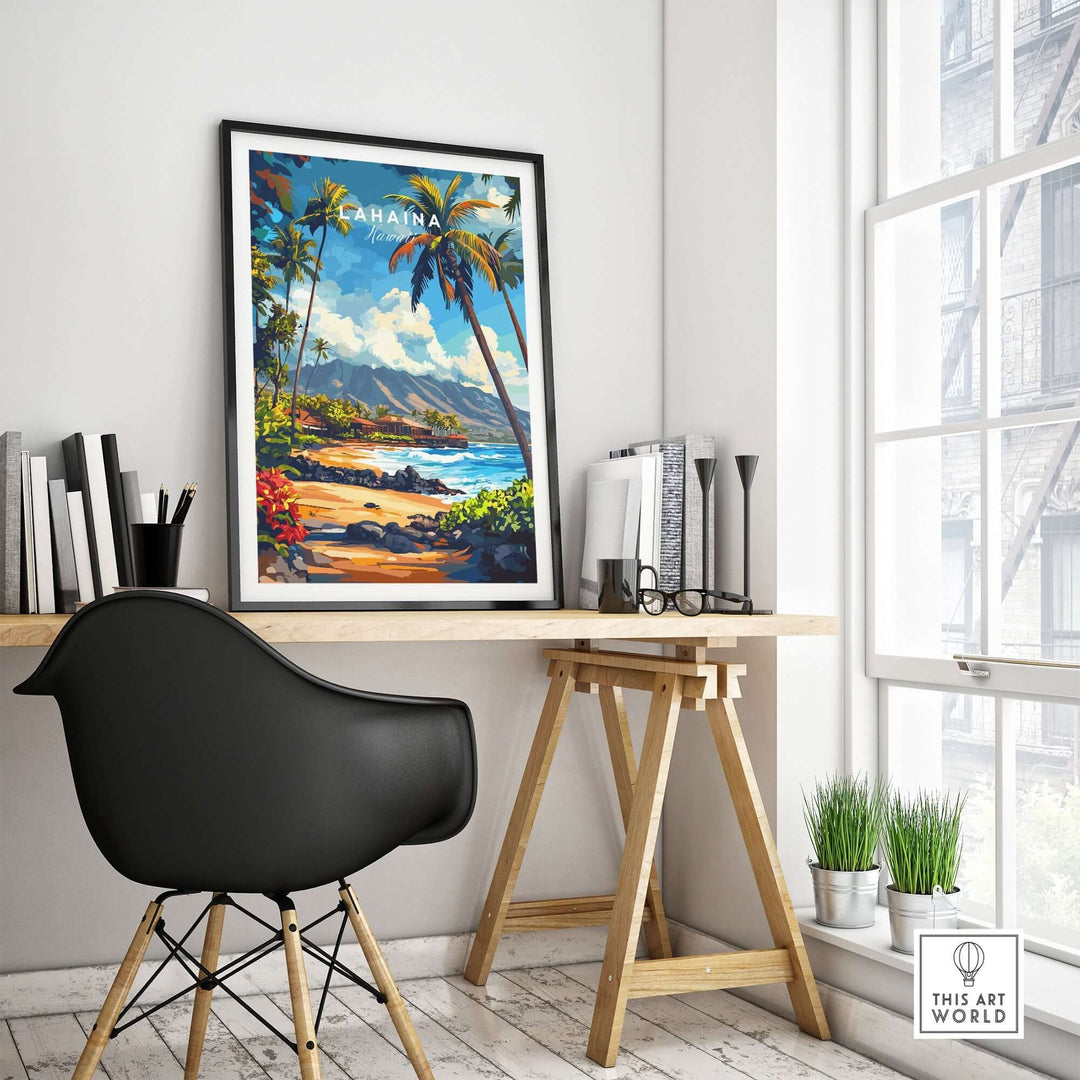 Lahaina print featuring vibrant palm trees and scenic beach view, displayed in a modern home office setting.